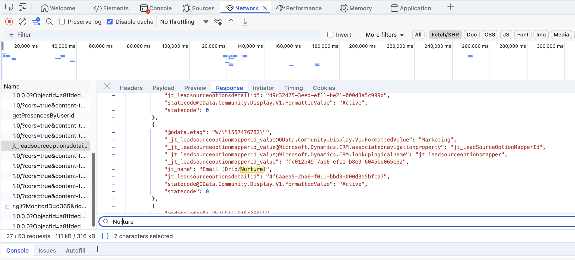 screenshot of browser console network tab showing how to find GUID for lookup field in Dynamics 365 CRM